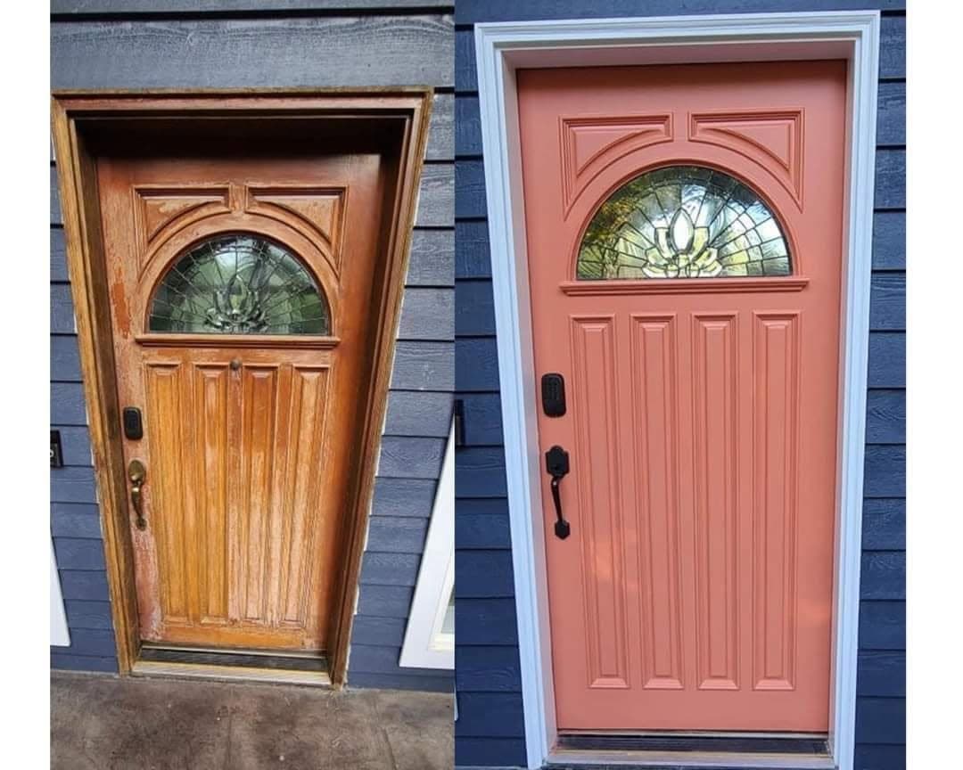 Side by side of one front door, weathered oak before and terracotta with white trim after