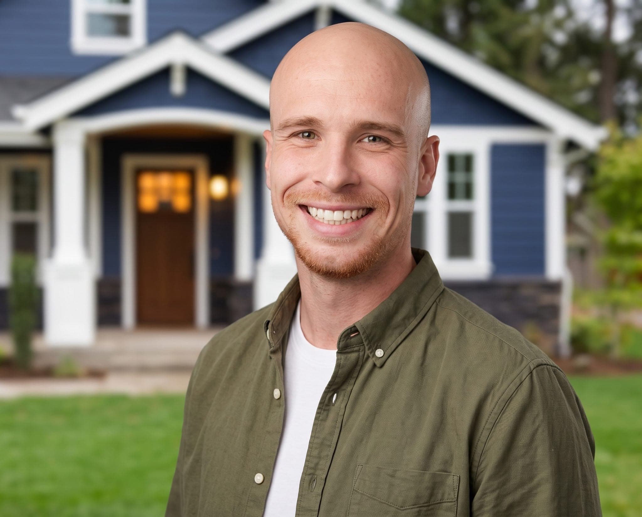 Riley Foote of Painting with Purpose, outside a blue craftsman home